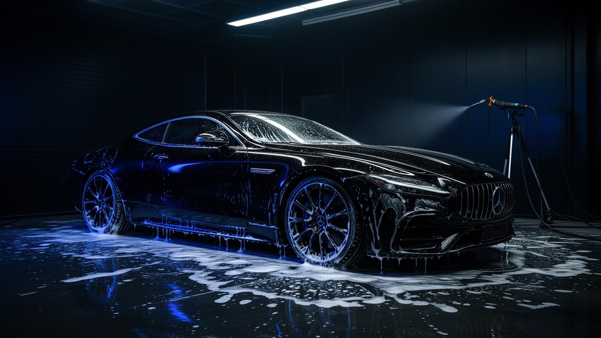 Black sports car being detailed in a Hollywood Florida detail bay